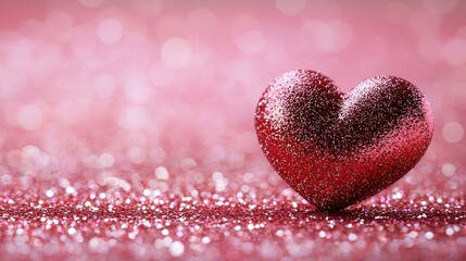 Fototapeta premium Red glitter heart on sparkling pink background with bokeh