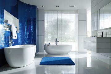 A contemporary bathroom in crisp white and cobalt blue with glossy tile finishes