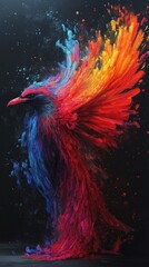 Fototapeta premium Vibrant Abstract Bird with Burst of Colorful Feathers on Dark Background