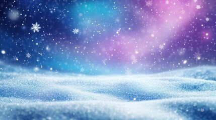 Naklejka premium Winter snowflakes gently falling on a shimmering snowy landscape at night