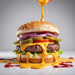 Delicious burger with many ingredients isolated on white background