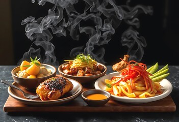Deliciously Aromatic Asian Fusion Dishes Ready to Serve. A captivating display of diverse and flavorful Asian cuisine