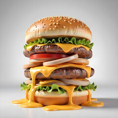 Delicious burger with many ingredients isolated on white background