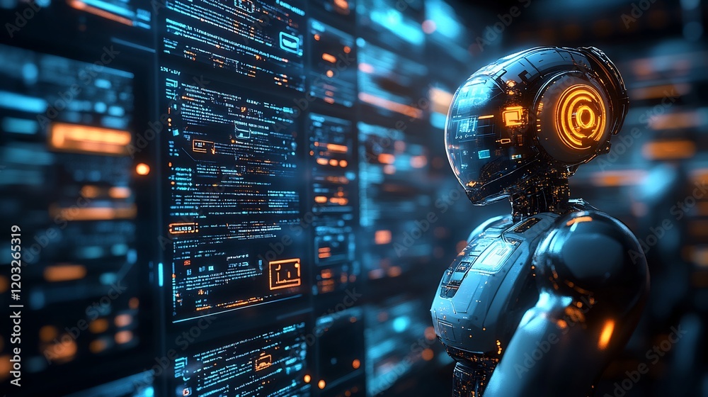 Poster futuristic scene of ai chatbots working and chatting inside a computer interface with floating dialo