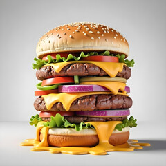 Delicious burger with many ingredients isolated on white background