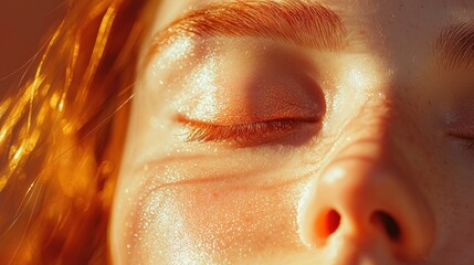 photorealistic minimalistic close-up of radiant skin enhanced by shimmering highlighter and soft blush