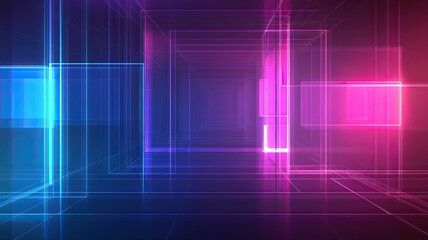 Abstract Neon Geometric Digital Background, Vibrant neon abstract design with overlapping glowing rectangles and lines in blue and pink hues on a dark gradient background.

