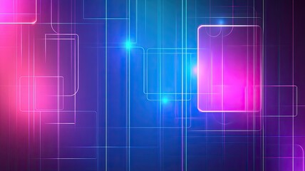 Obraz premium Abstract Neon Geometric Digital Background, Vibrant neon abstract design with overlapping glowing rectangles and lines in blue and pink hues on a dark gradient background.