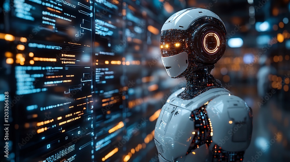 Poster futuristic scene of ai chatbots working and chatting inside a computer interface with floating dialo