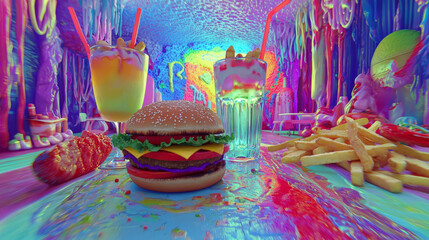 Fototapeta premium Surreal fast food scene: burger, fries, and vibrant drinks in a psychedelic setting.