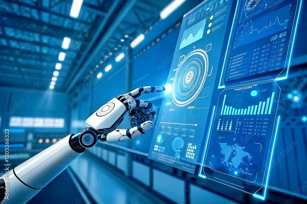 Poster robotic hand interacting with holographic interface: a futuristic image showing a robotic hand inter