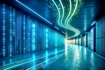 Digital Corridor: A futuristic digital corridor with glowing binary code on the walls and a curving neon light path leading towards a bright light at the end.
