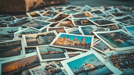 Scattered travel photos evoke nostalgic travel memories, capturing diverse landscapes and experiences.