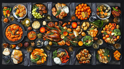 Lavish Thanksgiving feast: roasted turkey, abundant sides, and festive desserts.