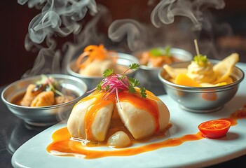 Steaming Asian Cuisine Dishes, Exquisite Presentation. Close-up of a selection of steaming Asian dishes, showcasing vibrant colors and textures