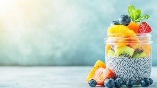 A colorful fruit parfait in a jar featuring chia seeds, topped with strawberries, blueberries, kiwi, and mint, set against a soft, light background.