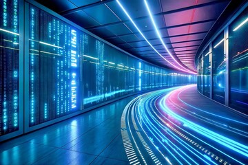 Data Stream Tunnel: Abstract image depicting a futuristic data center corridor with vibrant neon lights streaking across the floor, creating dynamic light trails.