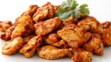 Spicy roasted chicken pieces, garnished with fresh herbs.