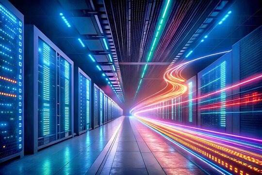 Data Stream in Server Room: Abstract digital streams of vibrant light streak through a futuristic server room, showcasing high-speed data transfer and the power of modern technology.