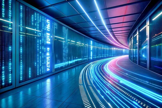 Data Stream Tunnel: Abstract image depicting a futuristic data center corridor with vibrant neon lights streaking across the floor, creating dynamic light trails.