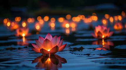 A serene Vesak Day ceremony with floating lotus lanterns on a calm lake.