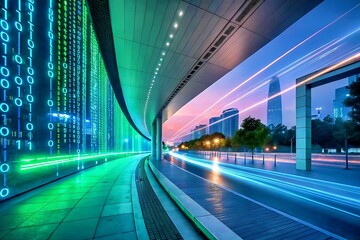 Urban Data Stream: A futuristic cityscape at dusk, a tunnel adorned with binary code illuminates the path forward. The cityscape pulses with life, cars blur in motion as the sun sets over the skyline.