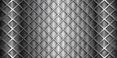 Metallic grid with intersecting lines and geometric shapes in various shades of grey and silver...