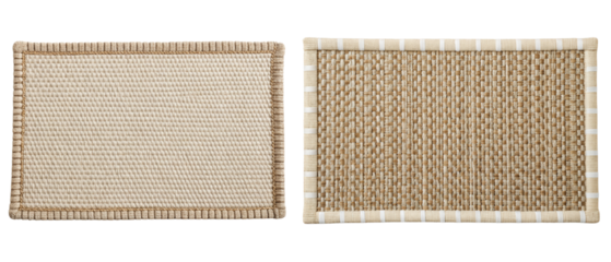 Two beige woven placemats with different borders isolated with transparent background