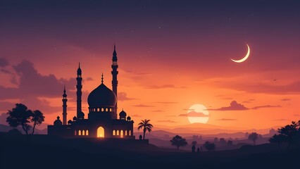 Obraz premium A beautiful silhouette of a mosque with a crescent moon in the vibrant evening sky, surrounded by peaceful scenery and mountains.