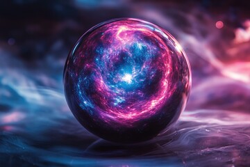 A crystal sphere encapsulates a swirling nebula of vibrant pink and blue cosmic energy.