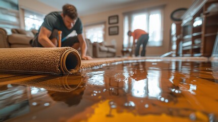 Men repairing water-damaged floor, rolled carpet, standing water.