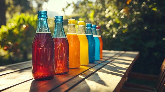 A set of colorful glass bottles filled with homemade juices on a picnic table