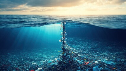 Mirrored ocean surface reflects two futures: clean waters with marine life or pollution with devastation. A powerful metaphor for humanity's responsibility to protect water