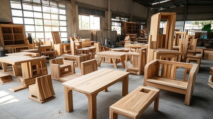 A set of neatly arranged wooden furniture pieces in a carpentry workshop