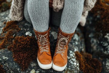 Cozy Autumn Vibes: Legs in Knitted Tights and Brown Boots on Mossy Rocks