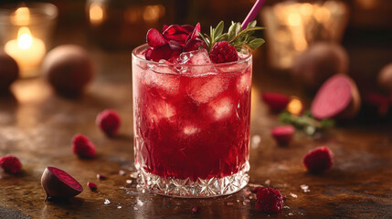 close up of refreshing glass of beetroot juice garnished with raspberries and rose petals, set against warm, cozy background. vibrant colors and textures create inviting atmosphere
