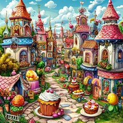 Obraz premium Festive Easter eggs in a fairytale city