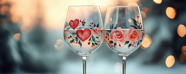Hand painted wine glasses with romantic designs and floral patterns