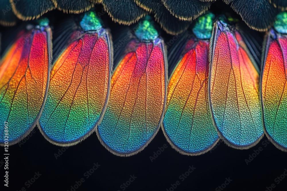 Poster close-up of vibrant iridescent insect wings displaying a spectrum of rainbow colors.