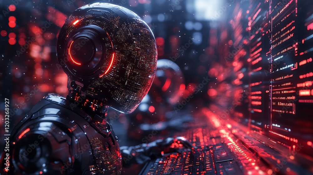 Fototapete group of ai chatbots communicating in a vibrant digital space each bot typing on virtual keyboards s