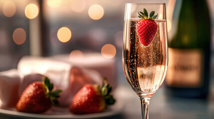 Sparkling drink with strawberry garnish, elegant setting, and soft bokeh