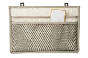 Beige fabric wall organizer with mesh pockets isolated with transparent background