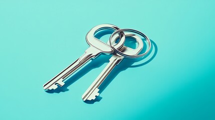 A shiny pair of silver keys on a clean white keychain, set against a bright background.