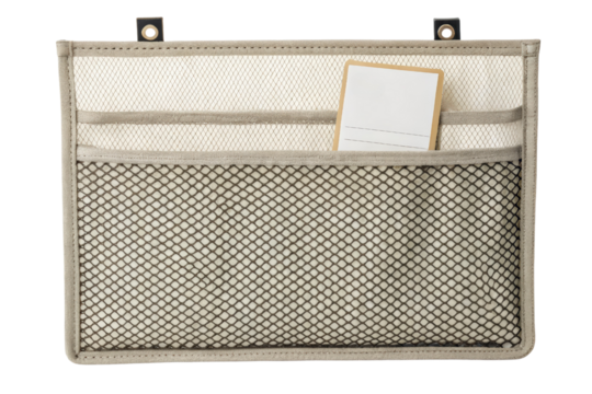 Beige fabric wall organizer with mesh pockets isolated with transparent background