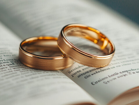 Elegant gold wedding bands resting on open book, symbolizing love - Powered by Adobe