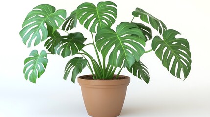 Obraz premium Lush green Monstera deliciosa in a terracotta pot against a white background.