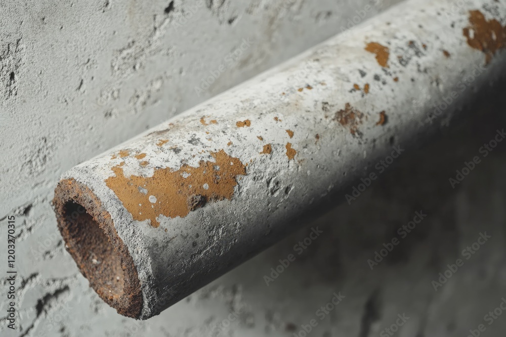 Poster a weathered, grey concrete pipe with patches of rusty orange discoloration rests against a textured 