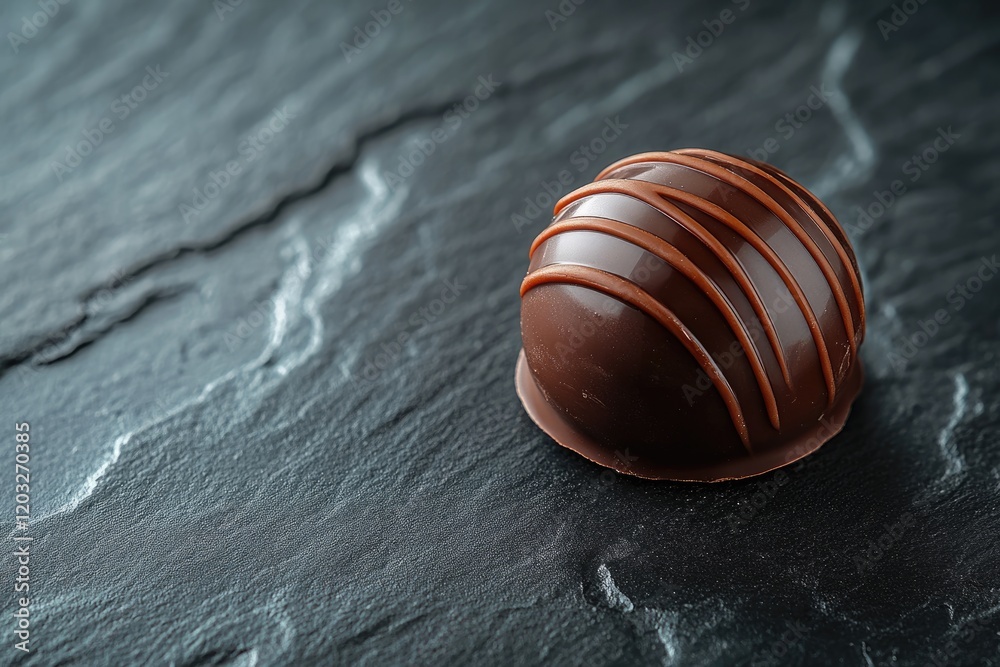 Poster a single, dark chocolate truffle rests on a dark slate surface, showcasing its rich, glossy texture 
