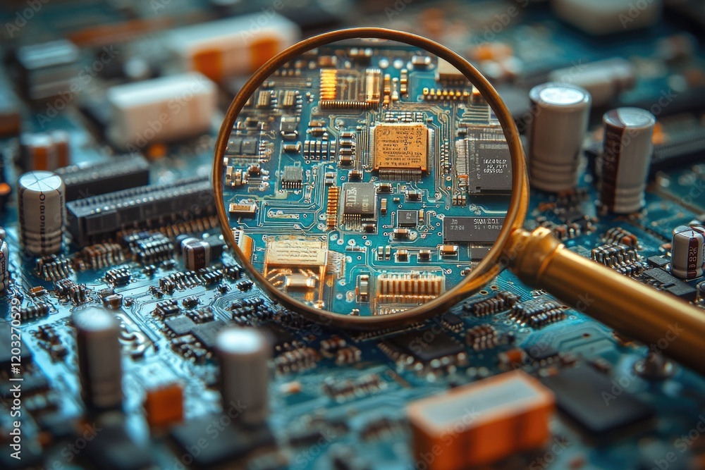 Poster a magnifying glass reveals intricate details of a circuit board, showcasing the complexity of electr