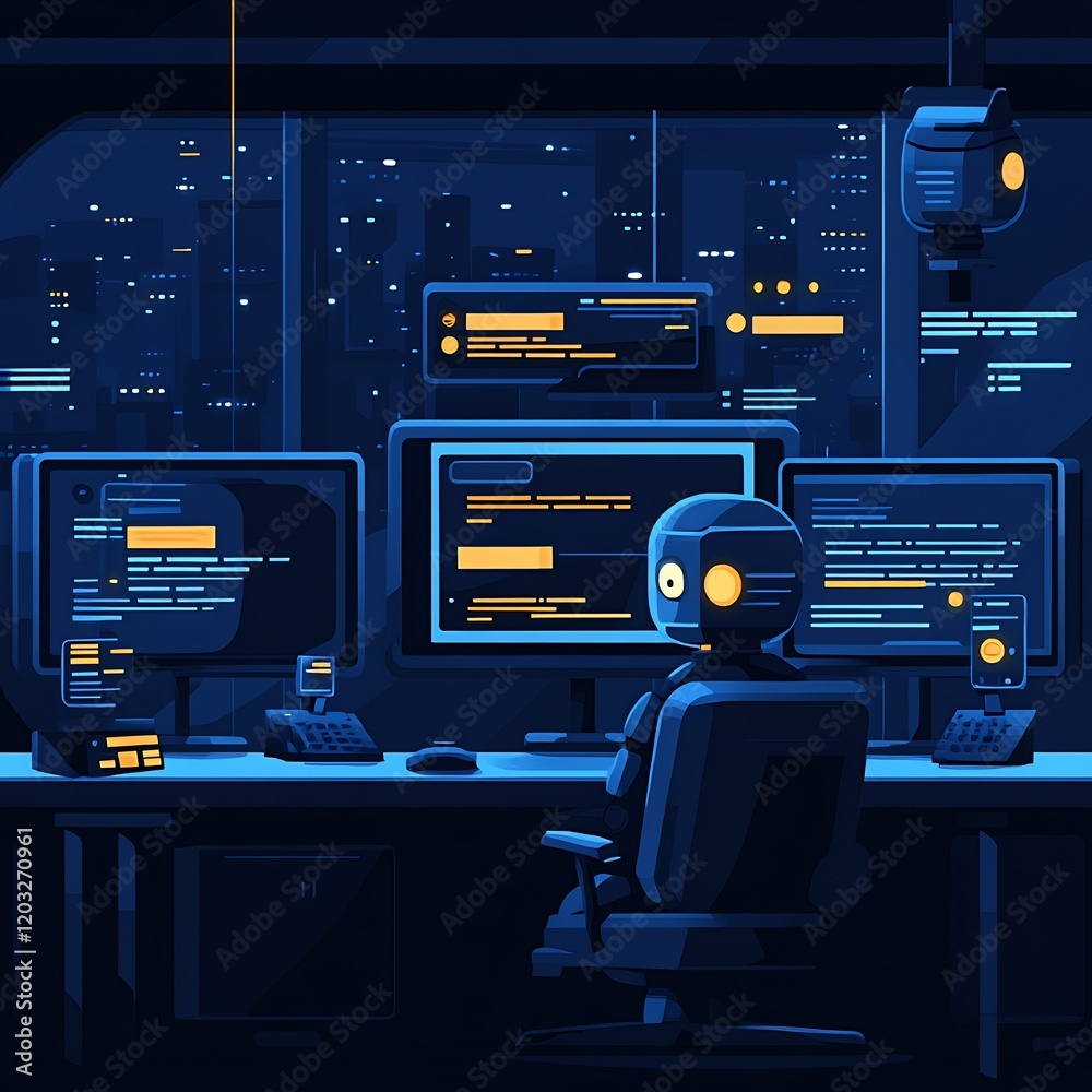 Fototapete hightech office setting where ai chatbots are interacting on computer screens exchanging messages in